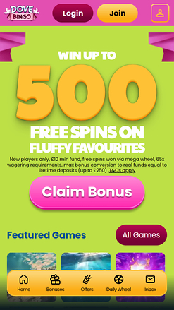 Dove Bingo Casino Mobile Homepage