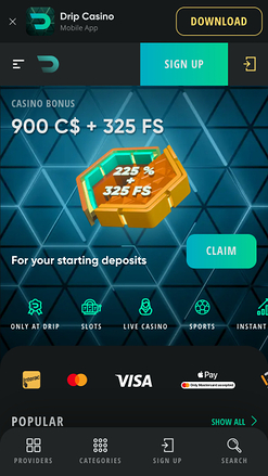 Drip Casino Mobile Homepage
