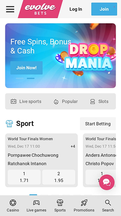 Evolve Casino Mobile Homepage