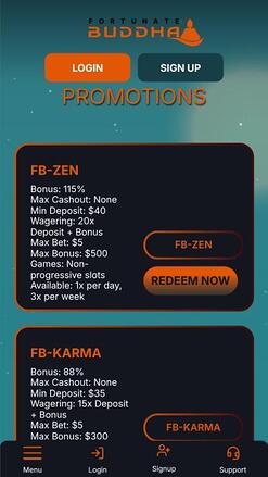 Fortunate Buddha Casino promotions mobile page