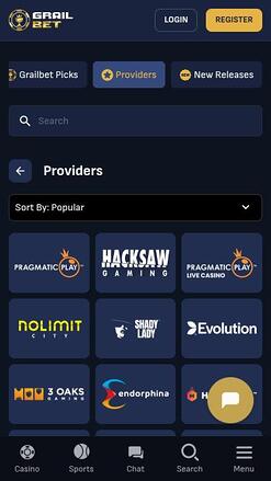 Grailbet Casino game developers mobile page