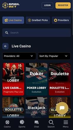 Grailbet Casino live dealer mobile page