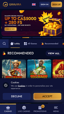 Gravira Casino Mobile Homepage