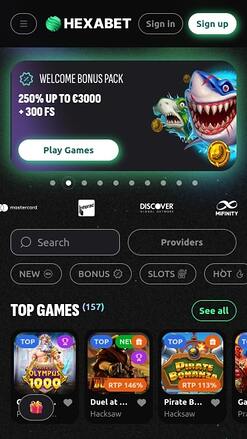 Hexabet Casino Mobile Homepage