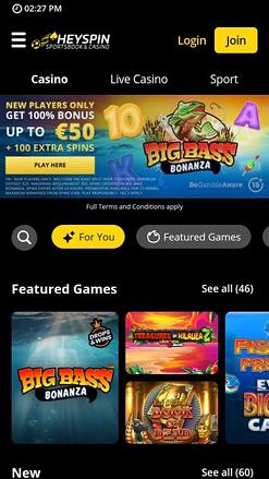 HeySpin Casino Homepage Mobile