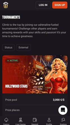 Tournaments page mobile screenshot of Hollywin Casino