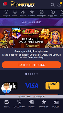 Hornetbet Casino Mobile Homepage