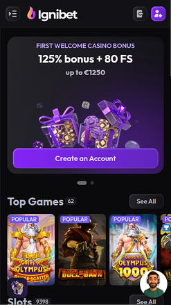 Homepage screenshot of Ignibet Casino for Mobile