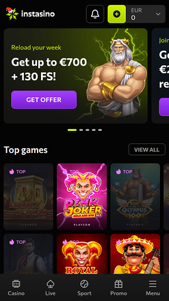 Instasino app mobiele homepage