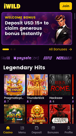 iWild Casino Mobile Homepage