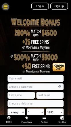 Jupiter Club Casino Mobile Homepage