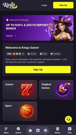 Kings Game Casino mobile homepage
