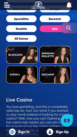 Las Atlantis Casino Mobile Live Dealer