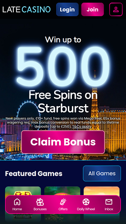 Late Casino Mobile Homepage