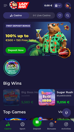 Lazybar Casino Mobile Homepage