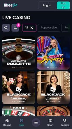Likes.bet Casino live dealer mobile page