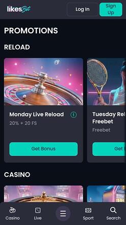 Likes.bet Casino promotions mobile page