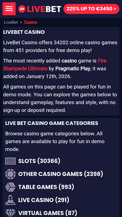 Livebet Casino Mobile Homepage