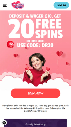 Lovehearts Bingo Casino Mobile Homepage