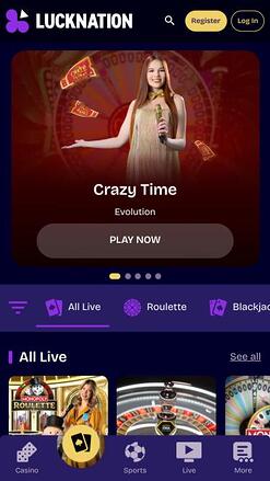 Luck Nation Casino live dealer mobile page
