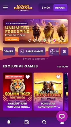 Lucky Bonanza Casino Mobile Homepage