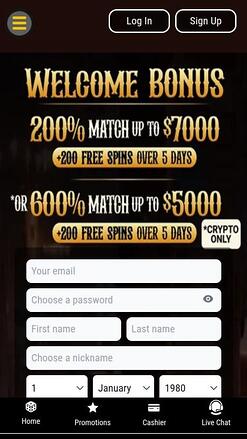 Lucky Creek Casino Mobile Homepage