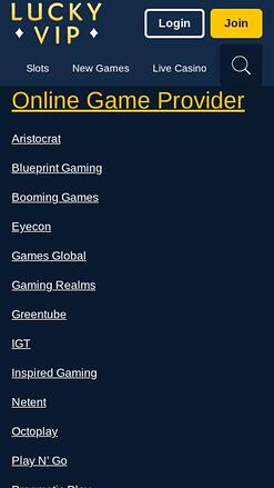 Lucky Vip Casino game developers mobile page