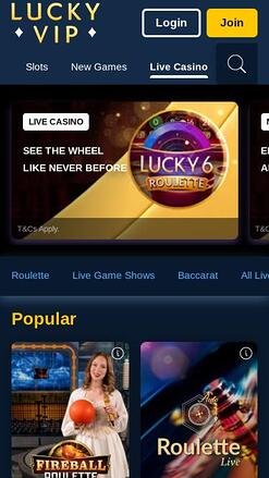 Lucky Vip Casino live dealer mobile page