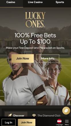 Homepage mobile screenshot of Lucky Ones Casino