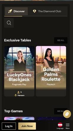 Live mobile page screenshot of Lucky Ones Casino