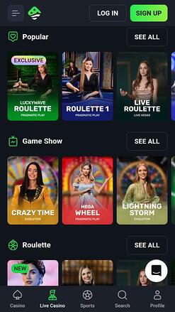 LuckyWave Casino live dealer mobile page