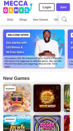 Mecca Games Casino mobile homepage