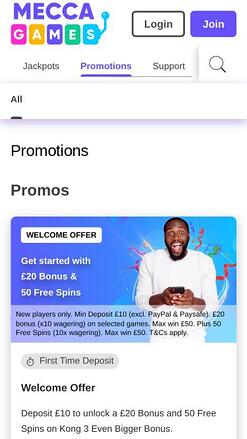 Mecca Games Casino promotions mobile page