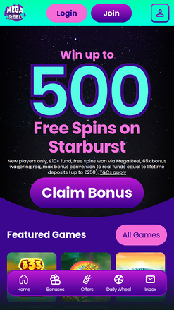 Mega Reel Casino Mobile Homepage