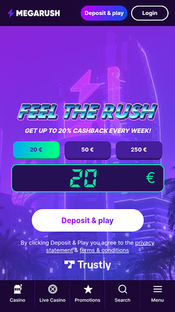 MegaRush Casino Mobile Homepage
