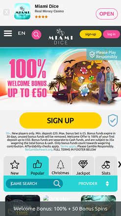 Miami Dice Casino Mobile Homepage