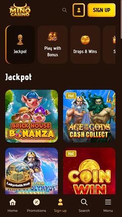 Mino Casino jackpot mobile page