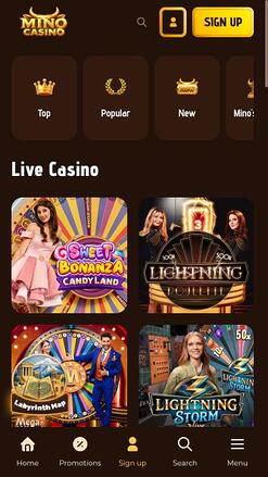 Mino Casino live dealer mobile page
