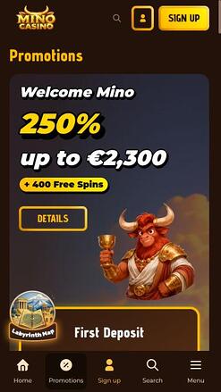 Mino Casino promotions mobile page