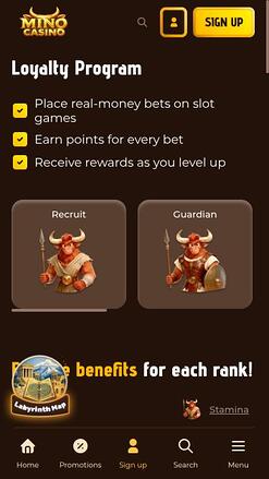 Mino Casino VIP mobile page