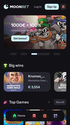 MoonBet Casino mobile homepage