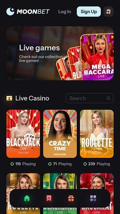 MoonBet Casino live dealer mobile page