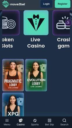 Live mobile page screenshot of Move2bet Casino 