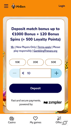 Homepage screenshot of MrBen Casino for Mobile
