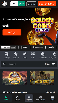 Ninja Casino Mobile Homepage