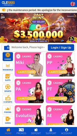 Ole777 Casino Mobile Homepage