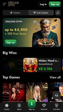 Live mobile screenshot of Oscarspin Casino