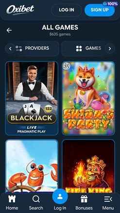 Oxibet Casino games mobile page