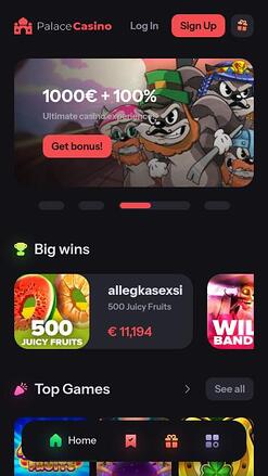 Palace Casino mobile homepage