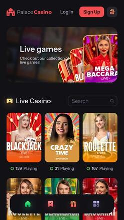 Palace Casino live dealer mobile page